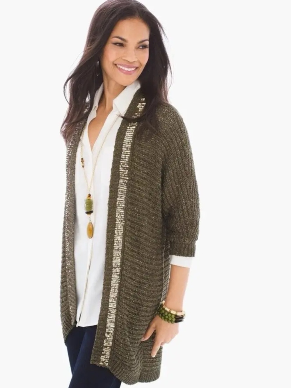 Chico’s Olive Green Sequin Trim Open Front Cardigan Size 3 (16/XL) NWT